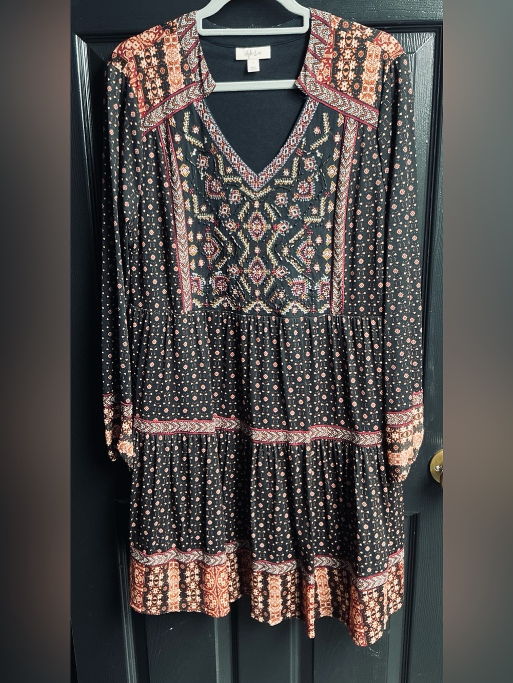 Style & Co. Black Long-Sleeve Bohemian Mini Dress with Red and Cream Accents